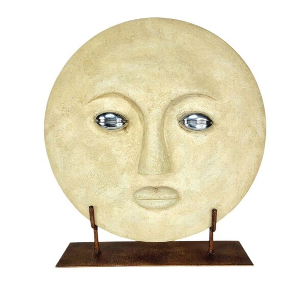 Vintage Moon Face Plaster Large Round Plaque Modernist Sculpture Art on Stand - Picture 4 of 7